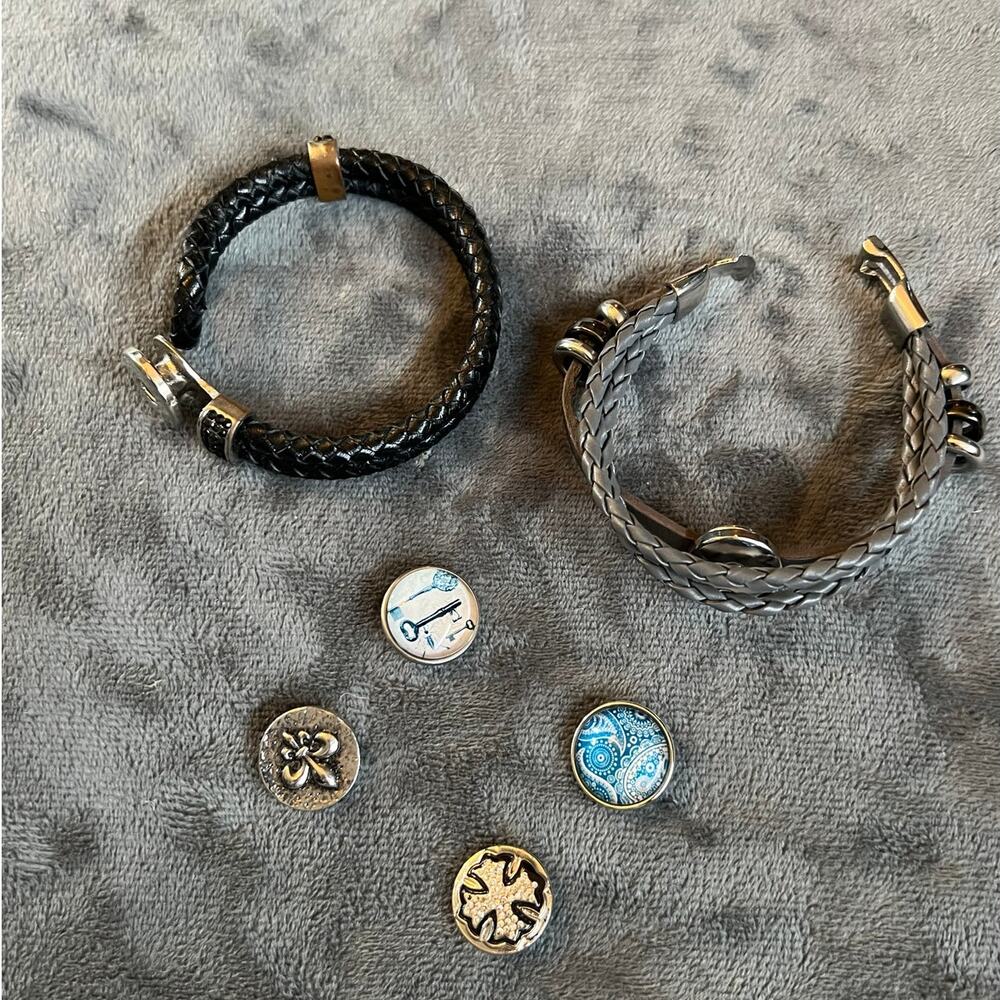 Mens Bracelet Lot Leather Snap Steel Black Gray 6pc